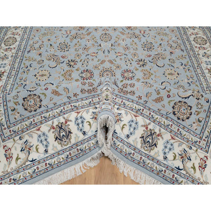 8'2"X10'5" Slate Blue Nain Flower Design Hand Knotted Wool And Silk Rug