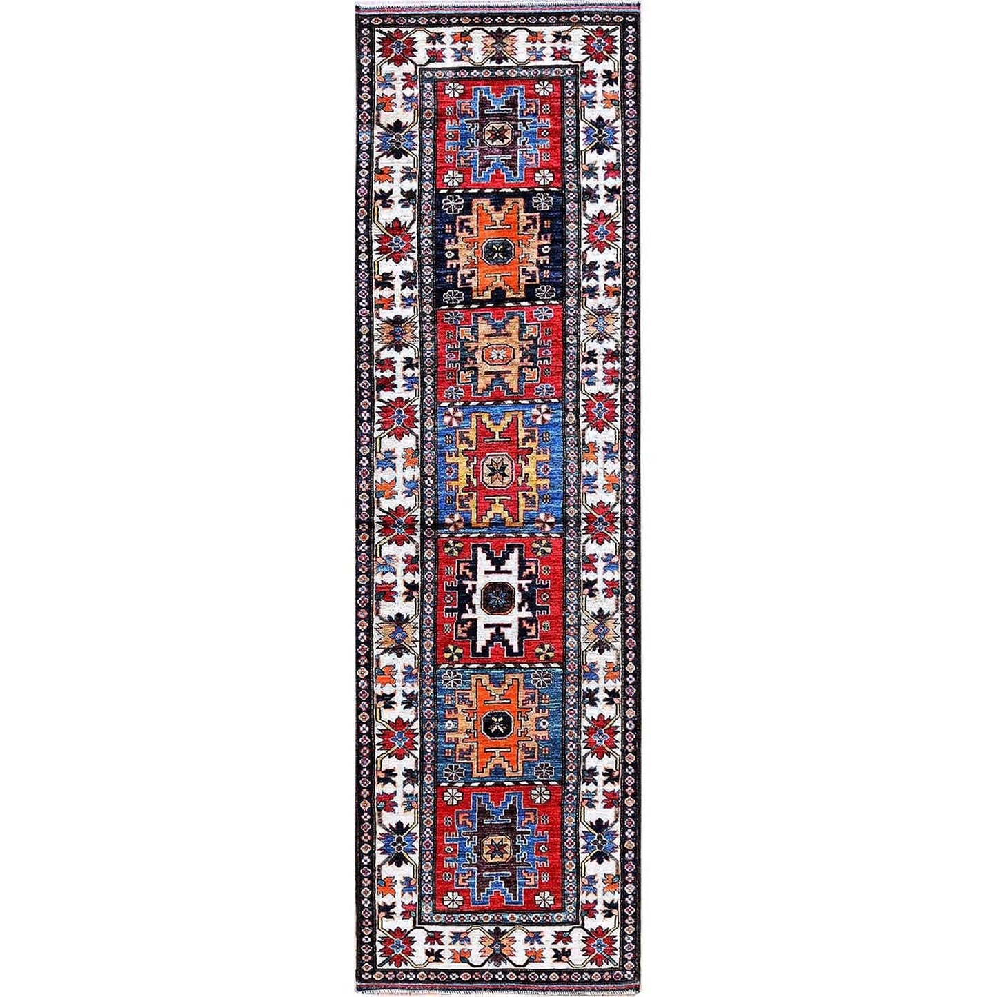 2'9"X9'8" Colorful Caucasian Design Revival Wool Hand Knotted Runner Rug