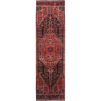 3'X11' Dark Coral Overdyed Vintage Zoroastrian Hand Knotted Wool Runner Rug