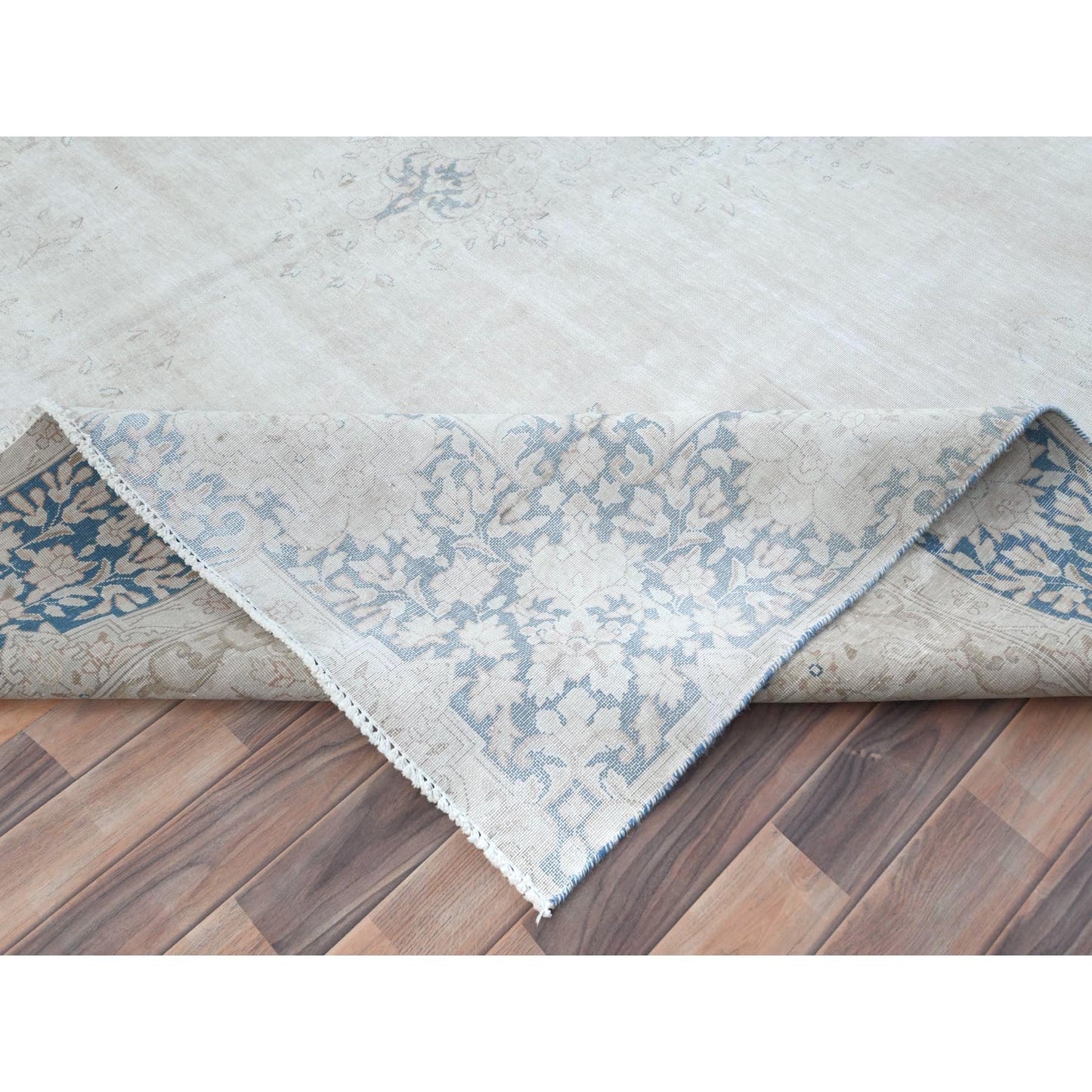 9'X12' Blue Worn Wool Hand Knotted Distressed Old Farsian Karman Rug