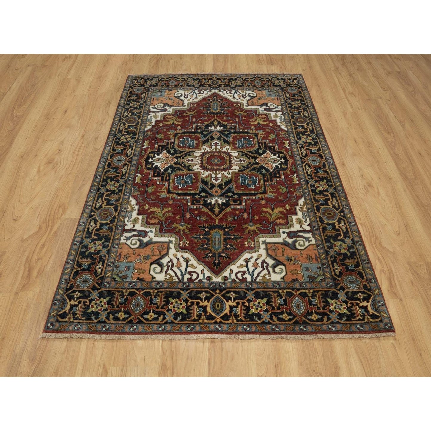 5'X7'2" Red Hand Knotted Wool Rug Antiqued Fine Heris Revival Oriental