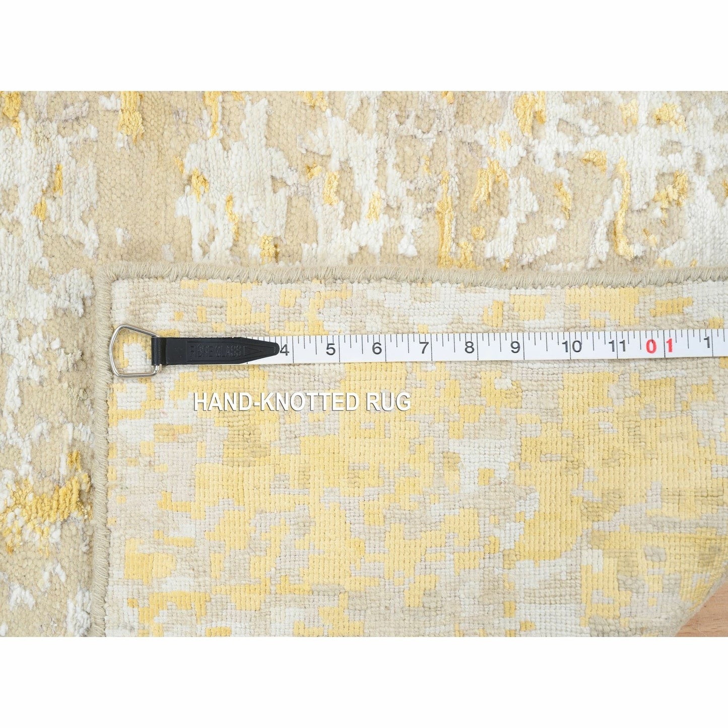 2'X2'9" Gold-Cream Hand Knotted Abstract Design Wool And Silk Mat Rug