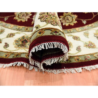 8'X8' Burgundy Red Wool And Silk Hand Knotted Rajasthan Design Round Rug