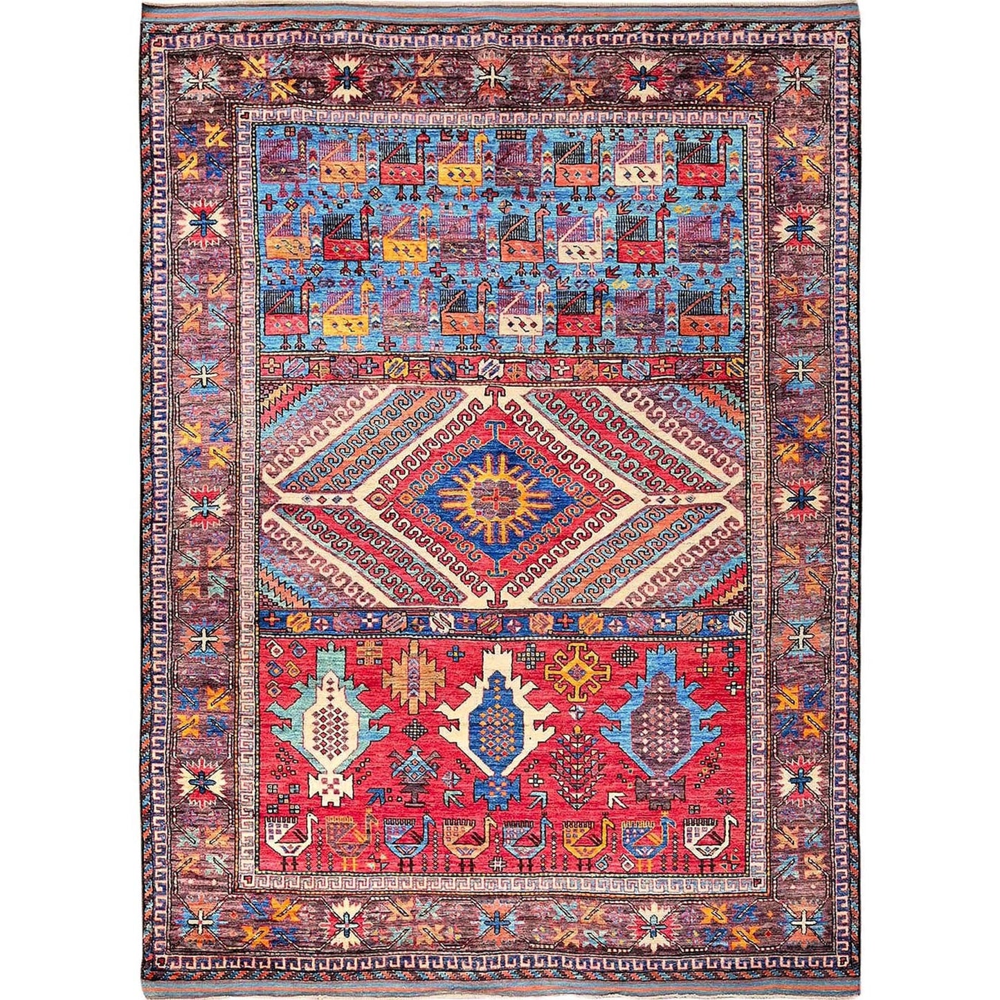 6'2"X8'3" Colorful Caucasian Design Revival Hand Knotted Soft Wool Rug