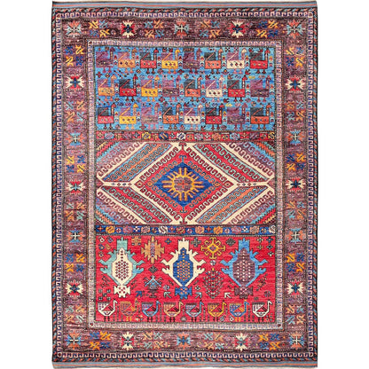 6'2"X8'3" Colorful Caucasian Design Revival Hand Knotted Soft Wool Rug