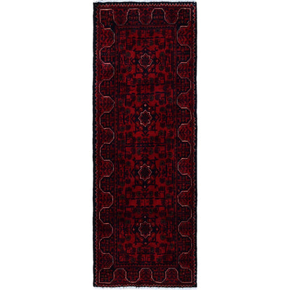1'8"X4'9" Red Afghan Khamyab Geometric Pattern Hand Knotted Wool Runner Rug