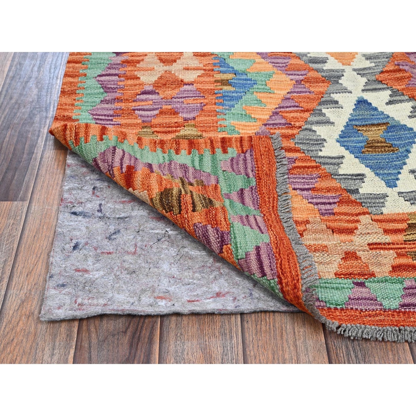 4'X6'3" Vivid Orange Hand Woven Flat Weave Afghan Kilim Pure Wool Rug