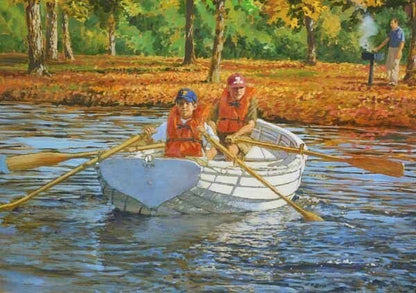 Oil painting of a lake scene with a boat in autumn, signed, large canvas.