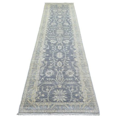 2'9"X11'5" Gray Extra Soft Wool Hand Knotted Fine Peshawar Runner Rug