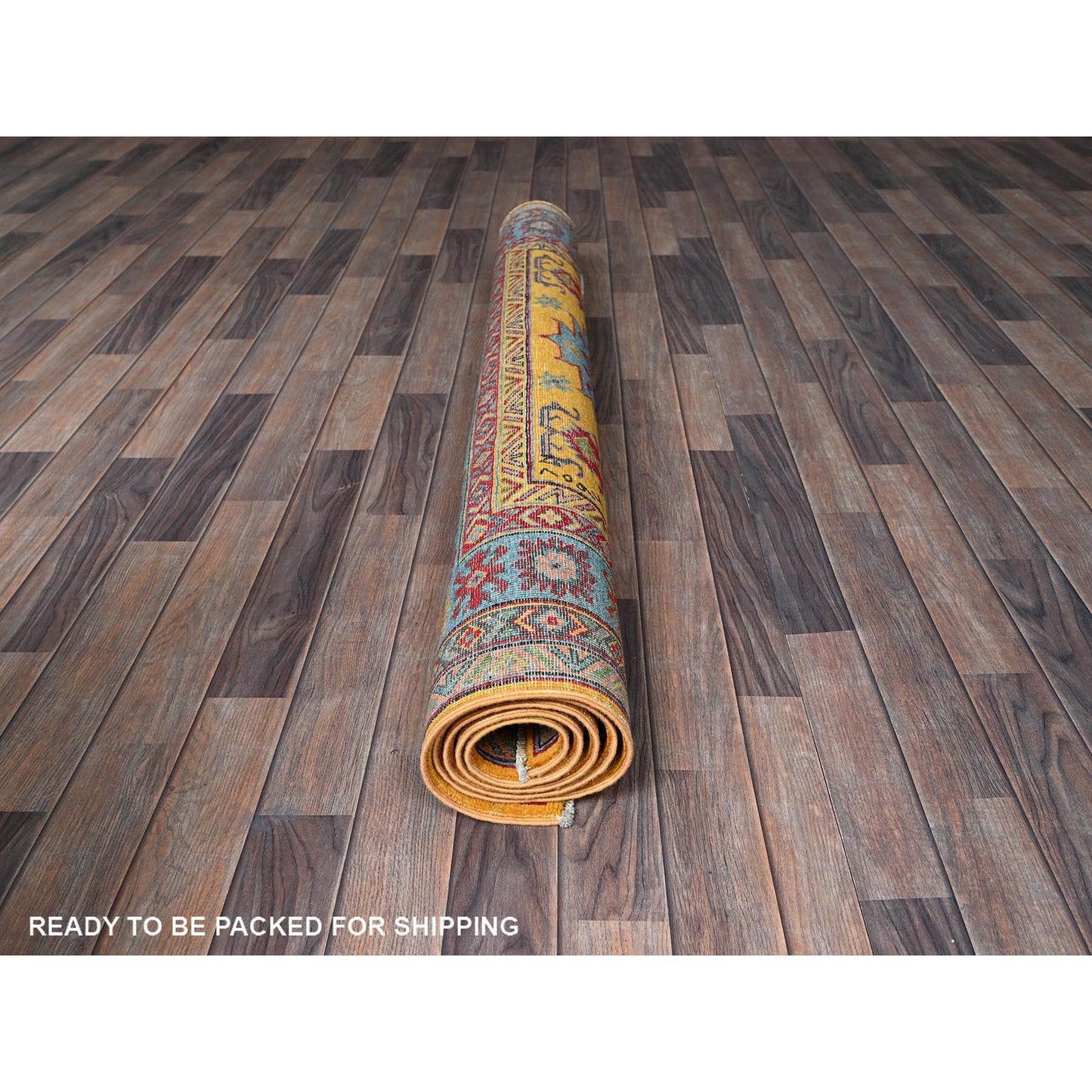 5'2"X6'7" Yellow Kazak With Geometric Design Hand Knotted Soft Wool Rug