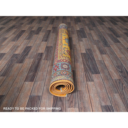 5'2"X6'7" Yellow Kazak With Geometric Design Hand Knotted Soft Wool Rug