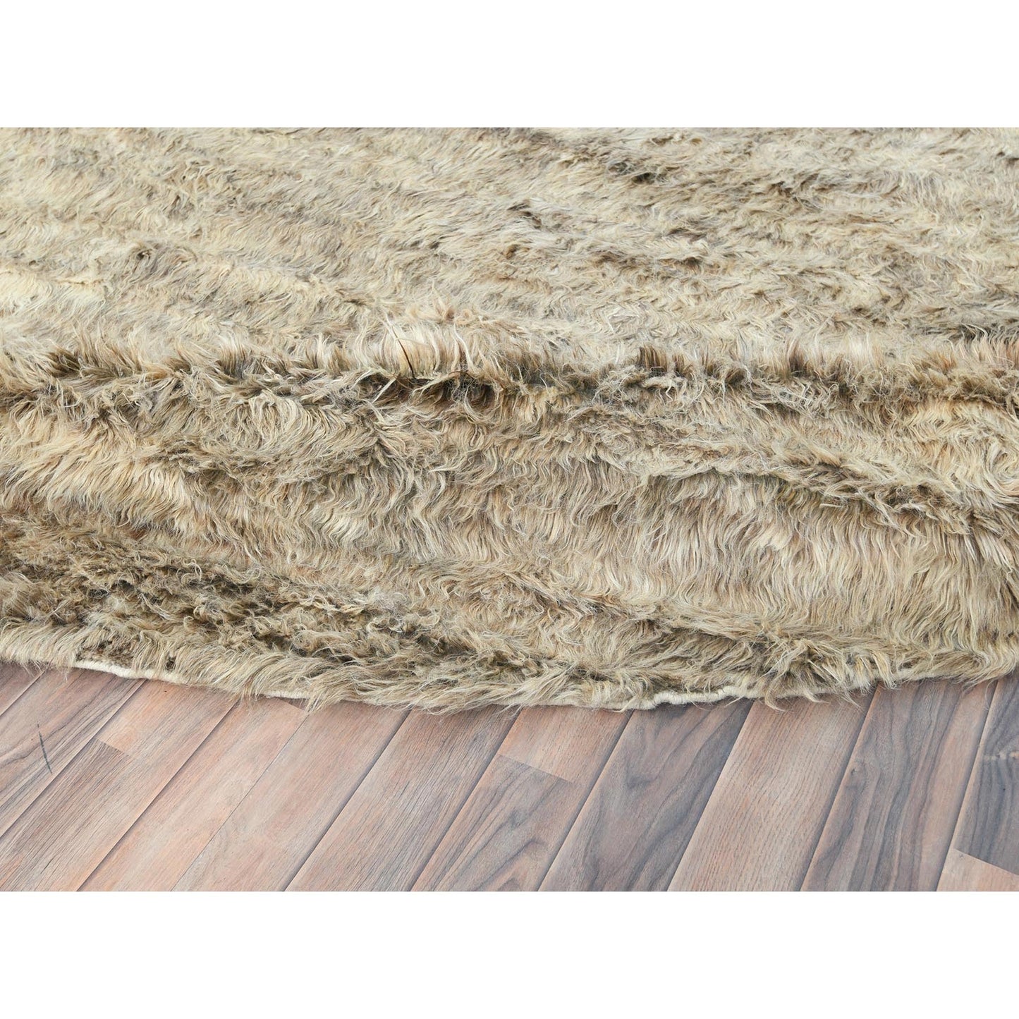 13'6"X13'6" Beige Shaggy Moroccan Wool Hand Knotted Round Rug