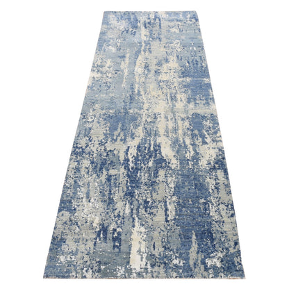 2'6"X8'1" Blue Abstract Design Wool And Silk Hand Knotted Runner Rug