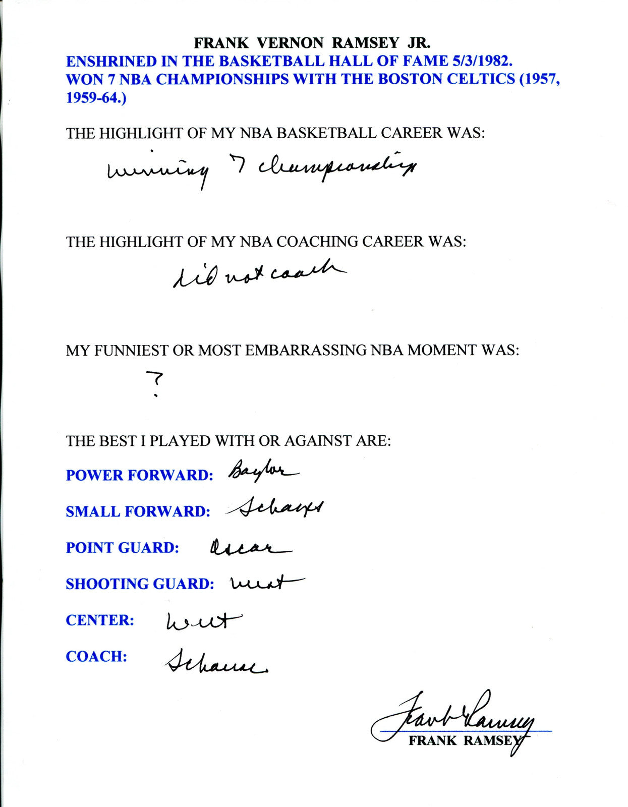 Frank Ramsey Autographed Hand Filled Out Survey Page (Jsa)