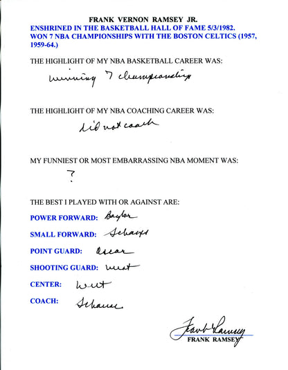 Frank Ramsey Autographed Hand Filled Out Survey Page (Jsa)