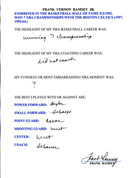 Frank Ramsey Autographed Hand Filled Out Survey Page (Jsa)