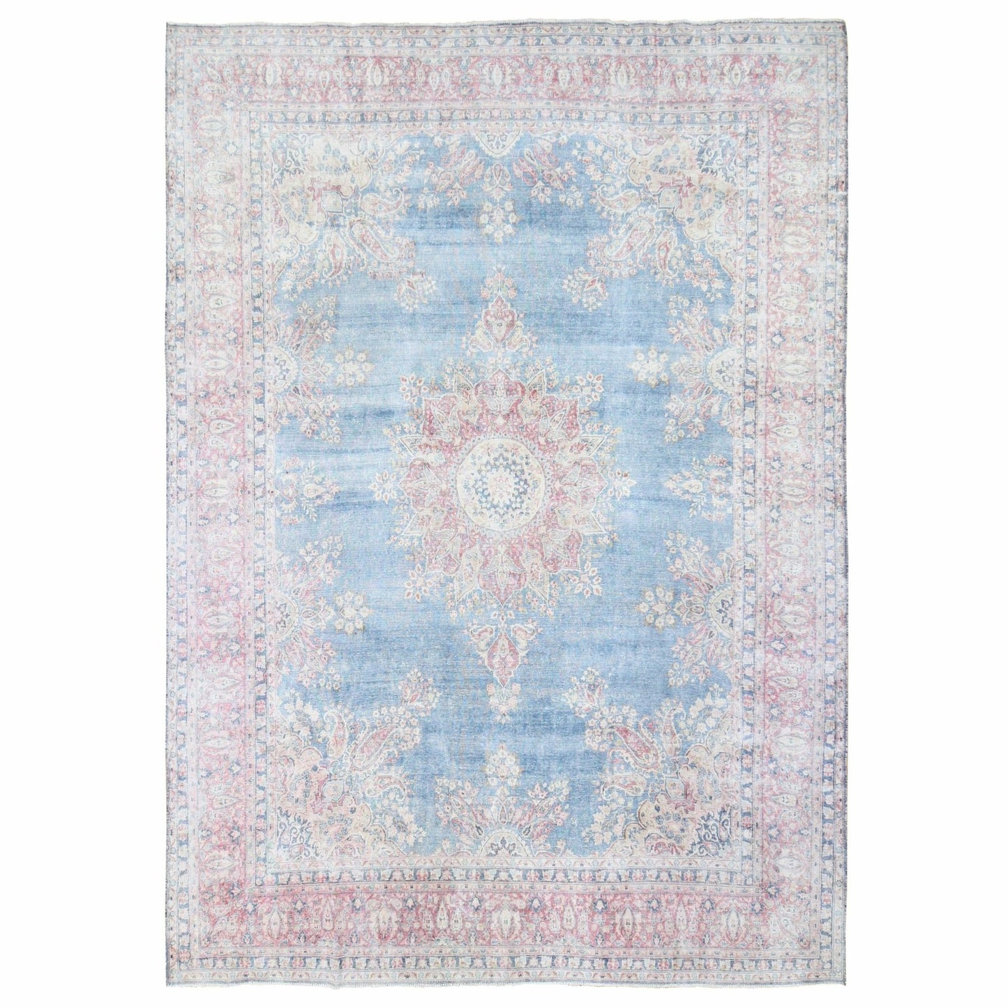 10'X12'10" Blue Vintage Farsian Karman Worn Wool Hand Knotted Rug