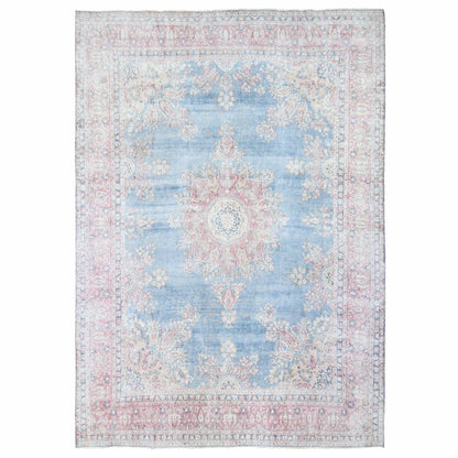 10'X12'10" Blue Vintage Farsian Karman Worn Wool Hand Knotted Rug