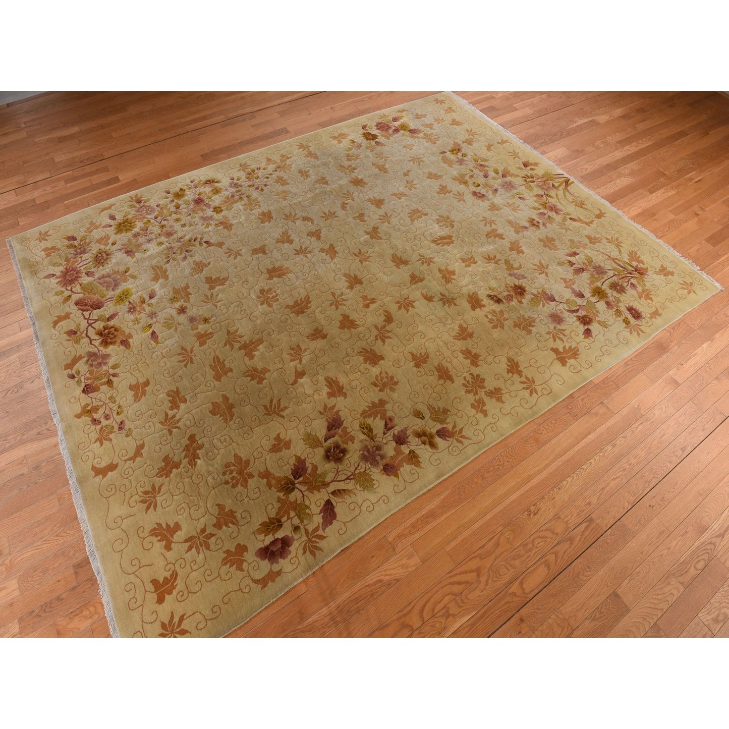 8'10"X11'8" Brown Antique Art Deco Leaf Design Pure Wool Hand Knotted Rug