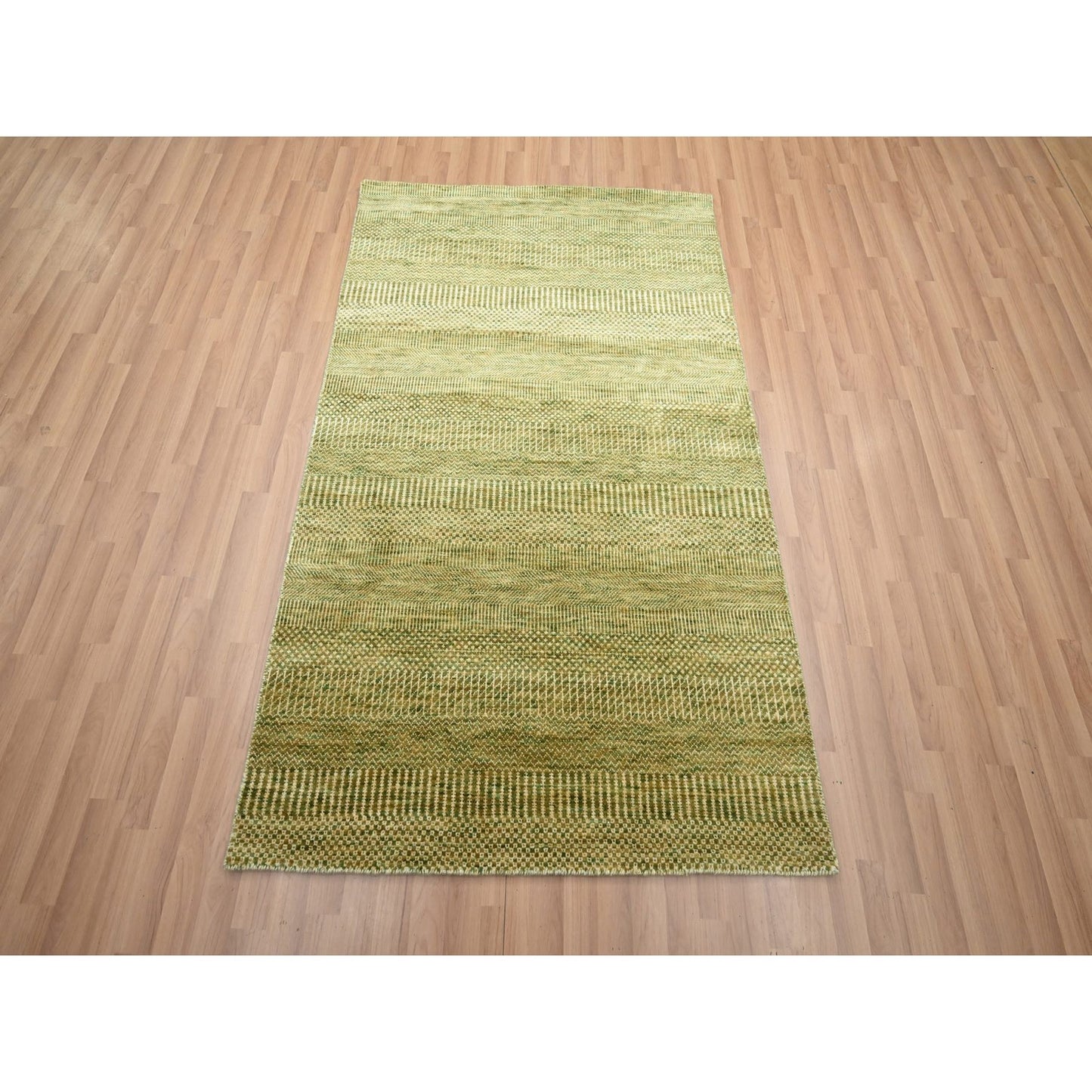 4'X6'1" Amber Green Wool And Silk Modern Grass Design Hand Knotted Rug