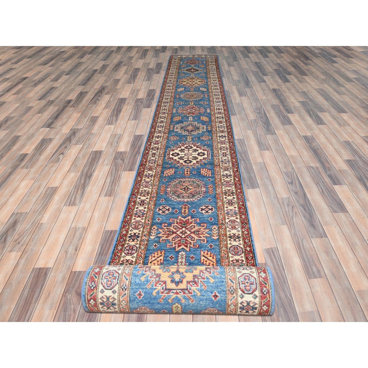 Blue wool afghan super kazak rug hand knotted blue soft 2'6"x33'6" runner.