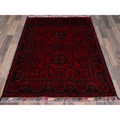 3'5"X4'9" Red Afghan Khamyab Geometric Pattern Soft Wool Hand Knotted Rug