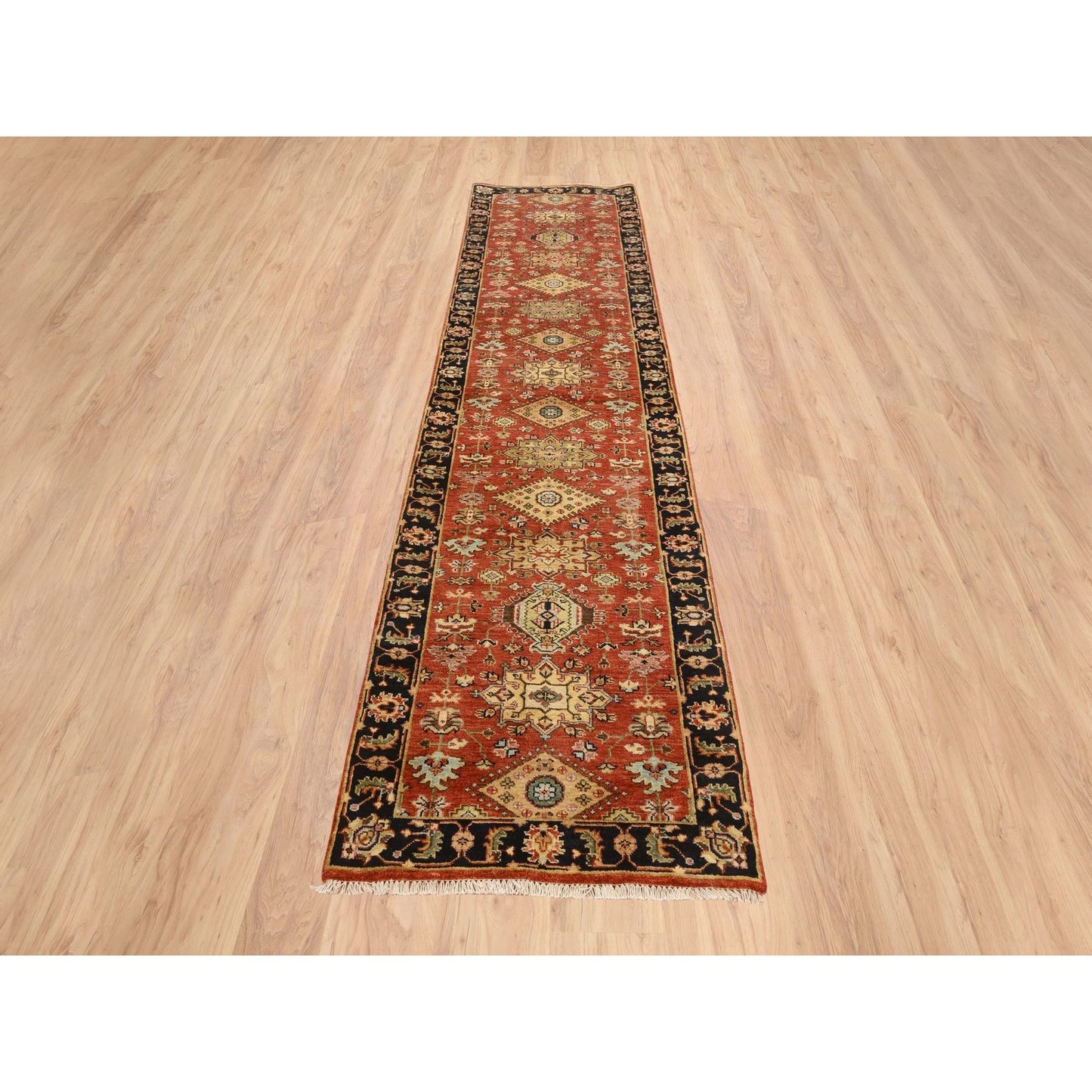 2'9"X12' Red Hand Knotted Karjihooz Design Pure Wool Runner Rug