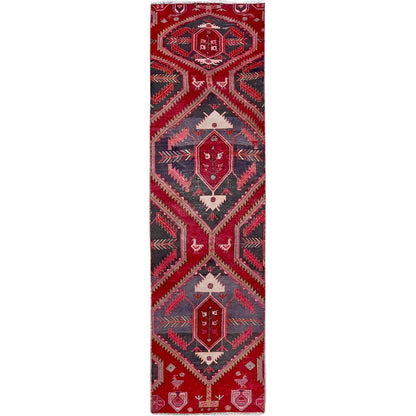 2'7"X9'5" Red Vintage Zoroastrian Khamadan Wool Hand Knotted Runner Rug