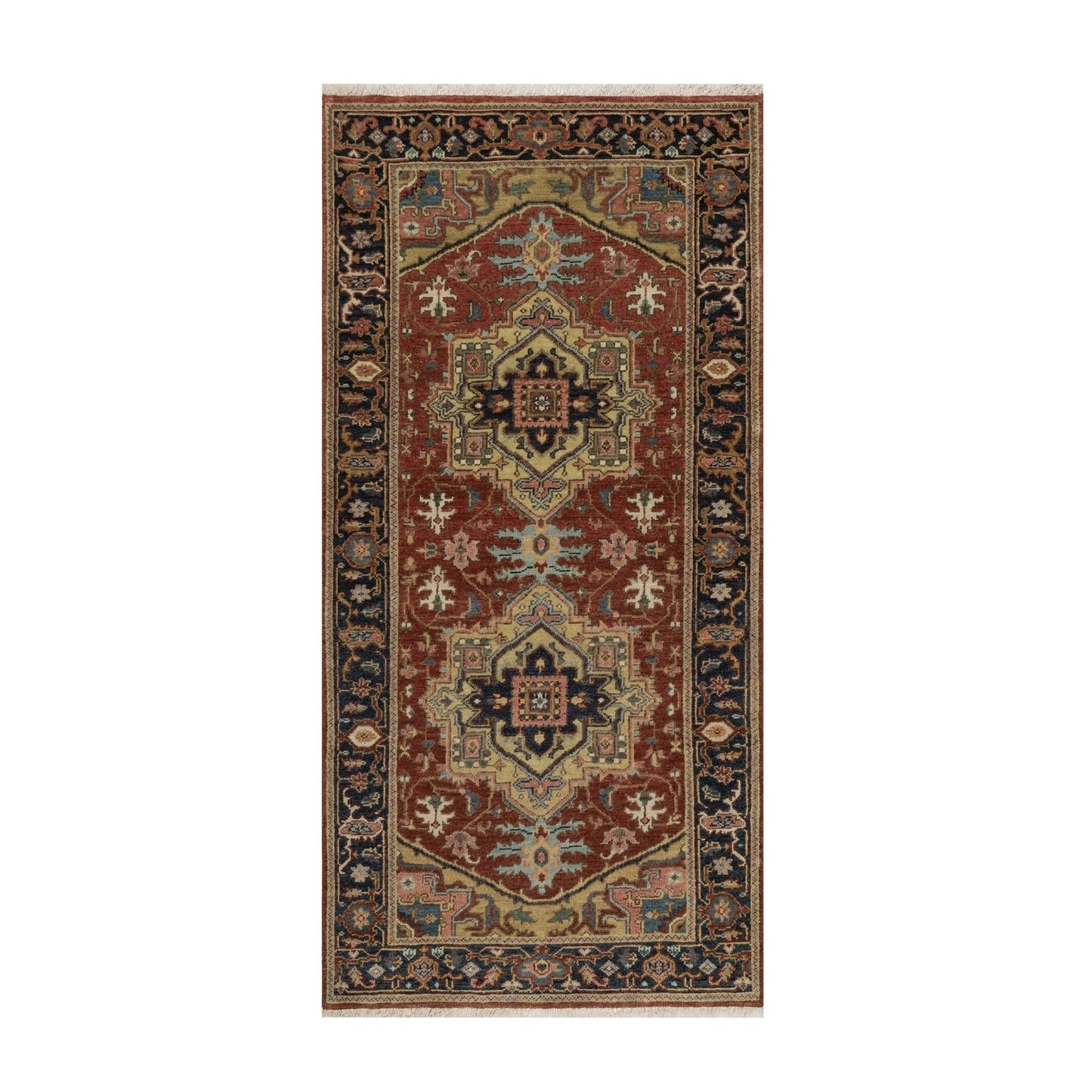 2'10"X6' Chili Red Hand Spun Wool Heris Revival Hand Knotted Runner Rug