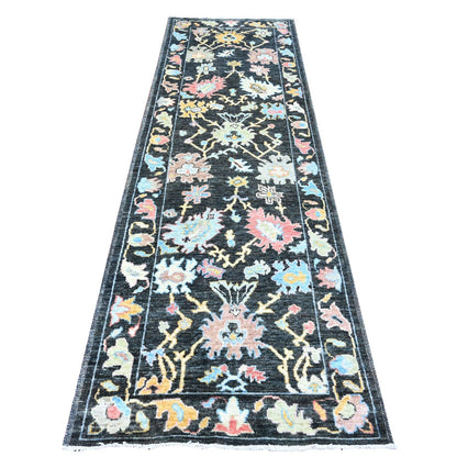 3'X9'8" Black Afghan Angora Oushak Hand Knotted Pure Wool Runner Rug