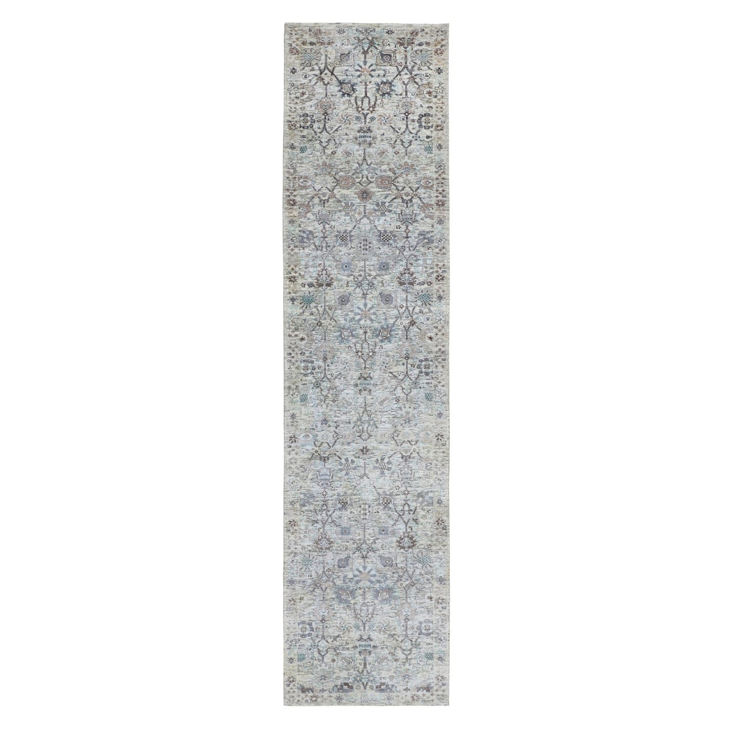 2'5"X12' Ivory Silk With Textured Tebraz Design Runner Hand Knotted Rug
