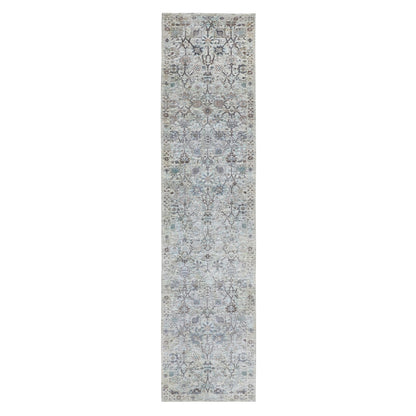 2'5"X12' Ivory Silk With Textured Tebraz Design Runner Hand Knotted Rug