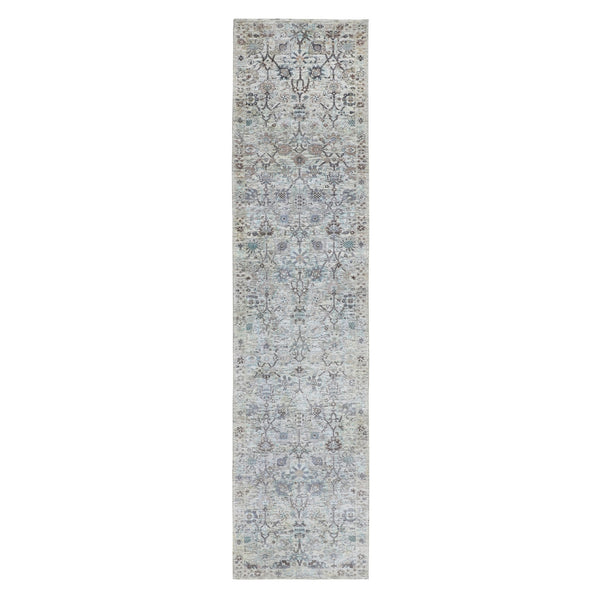 2'5"X12' Ivory Silk With Textured Tebraz Design Runner Hand Knotted Rug