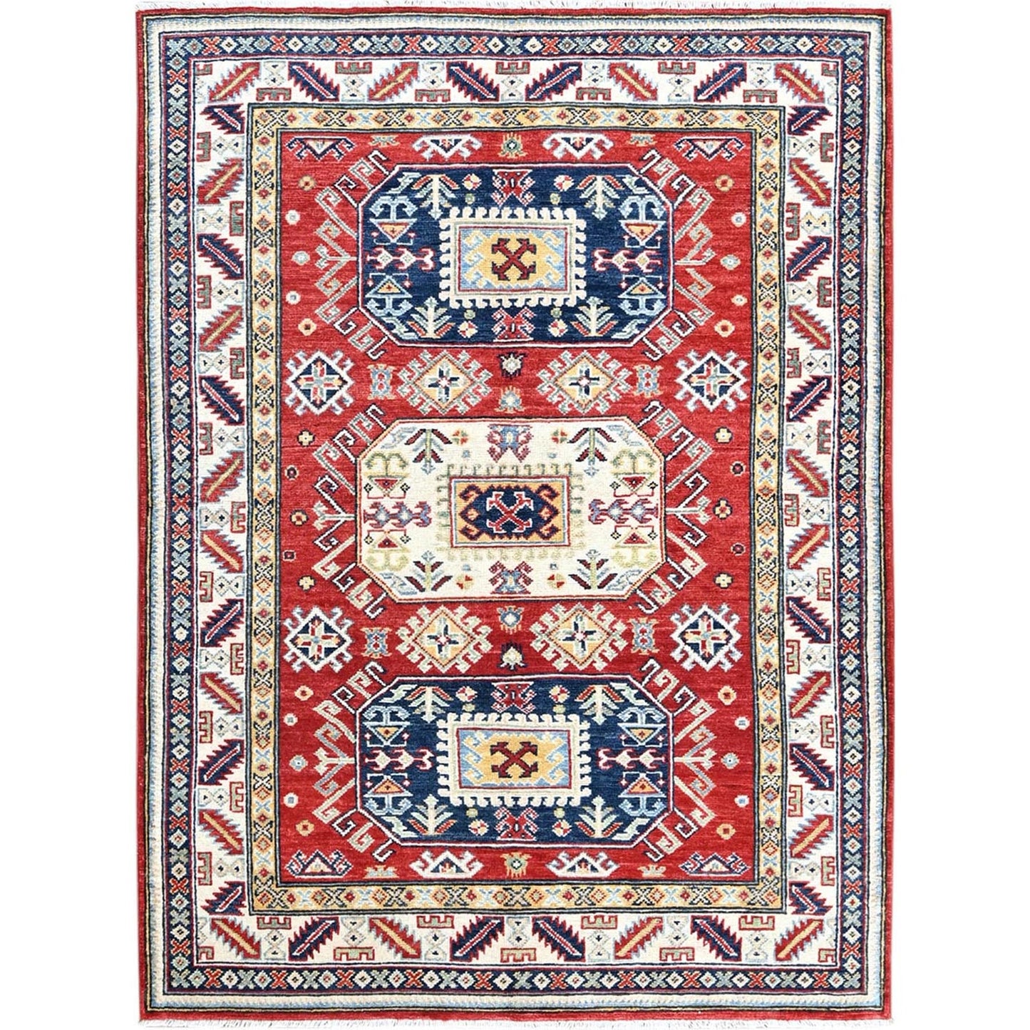4'1"X5'6" Red Kazak With Geometric Medallions Design Wool Hand Knotted Rug