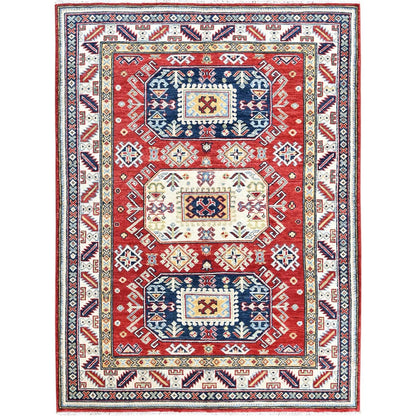 4'1"X5'6" Red Kazak With Geometric Medallions Design Wool Hand Knotted Rug
