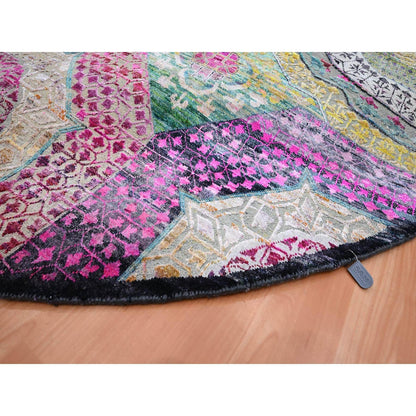 8'1"X8'1" Yellow Mamluk Design Sari Silk With Wool Hand Knotted Round Rug