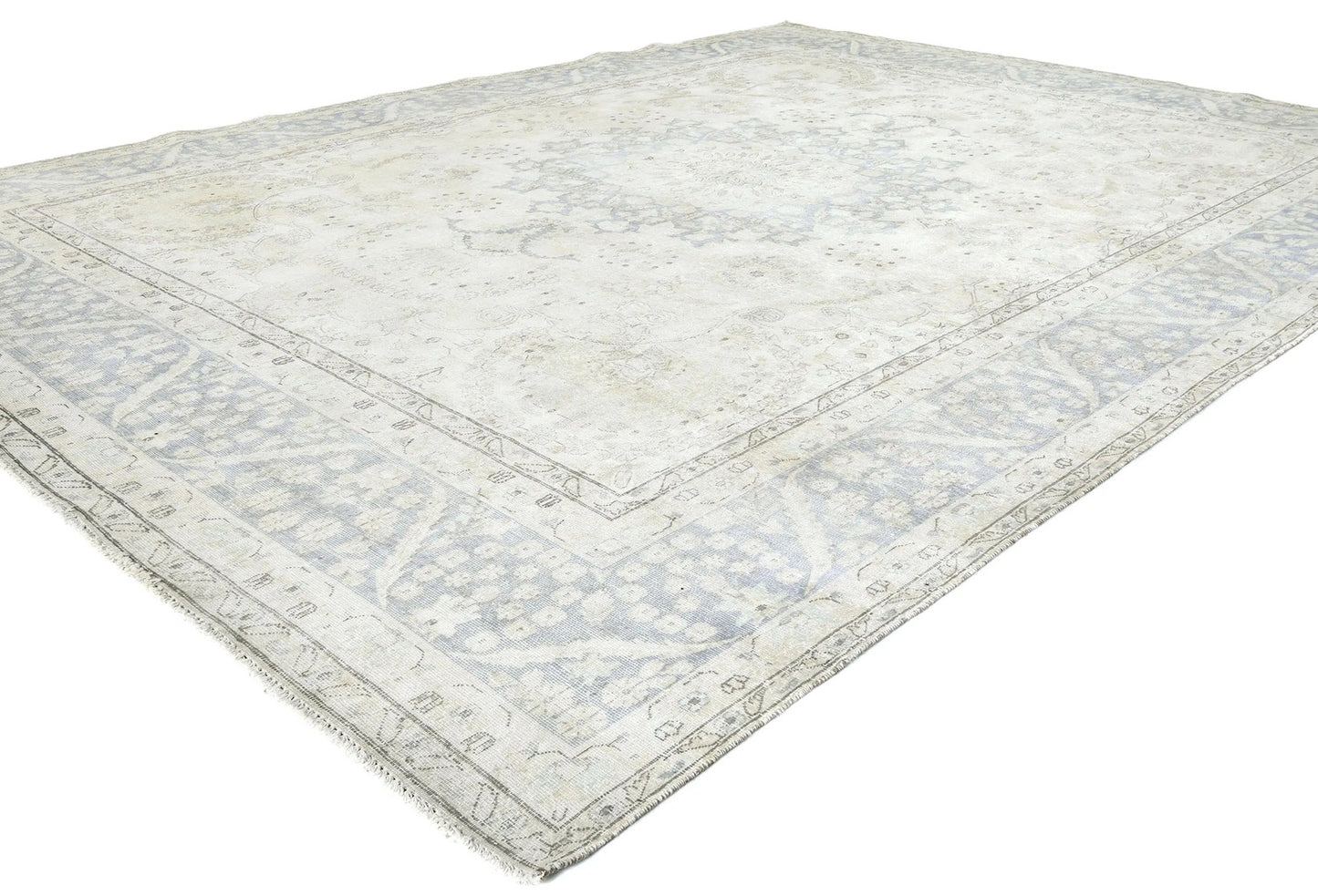 Muted Cream Distressed Handmade Oriental Rug 10x13 ft Vintage Farmhouse Carpet