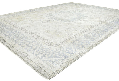 Muted Cream Distressed Handmade Oriental Rug 10x13 ft Vintage Farmhouse Carpet