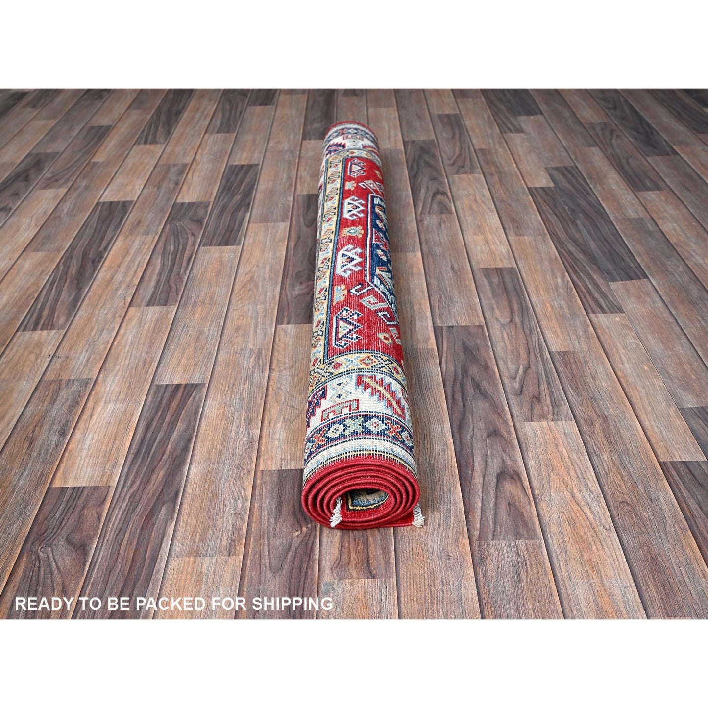 4'1"X5'6" Red Kazak With Geometric Medallions Design Wool Hand Knotted Rug