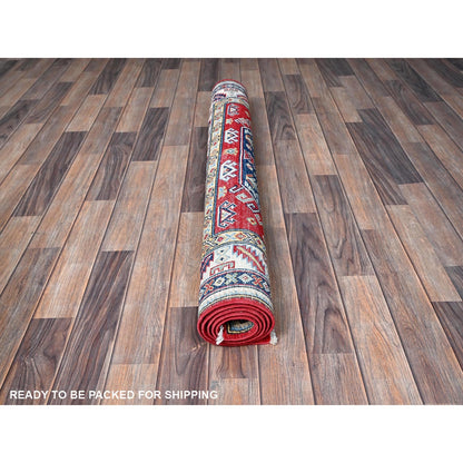 4'1"X5'6" Red Kazak With Geometric Medallions Design Wool Hand Knotted Rug