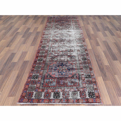 3'2"X9'5" Red Farsian Qashqairaz Distressed Wool Hand Knotted Runner Rug