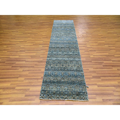 2'6"X10' Blue 100% Wool Hand Knotted Kohinoor Herrita Design Runner Rug