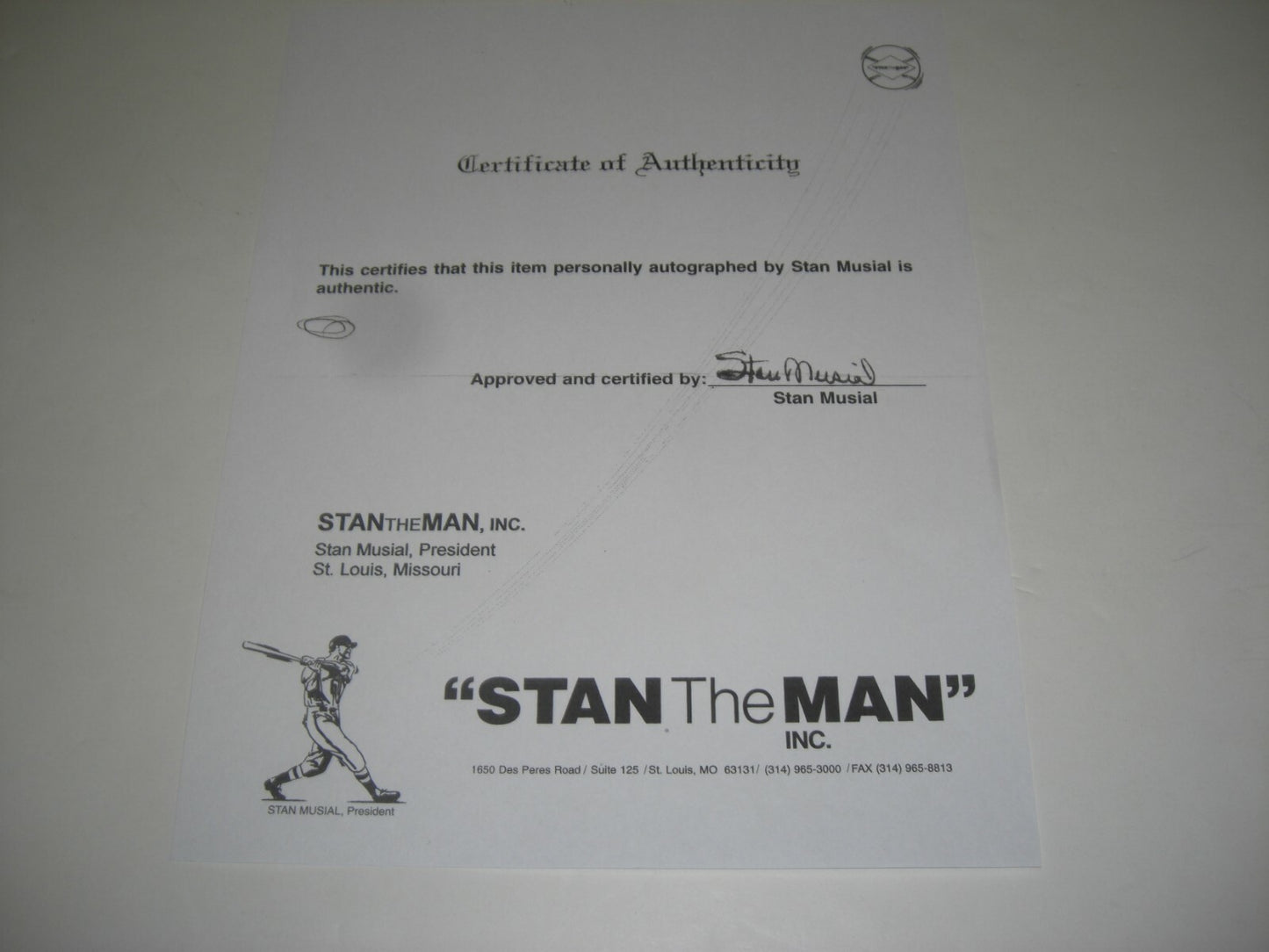 Stan Musial Cardinals Musial/Coa Signed Official