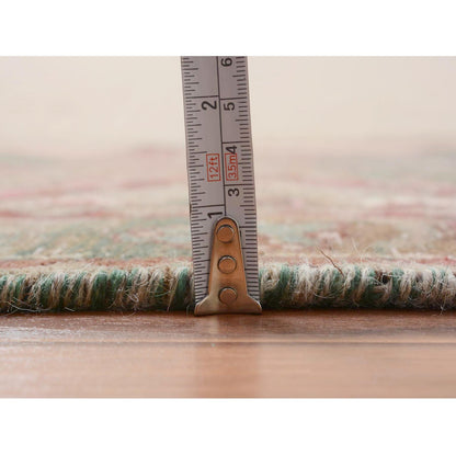 3'7"X12'3" Green Vintage And Worn Down Farsian Heris Handknotted Wool Rug