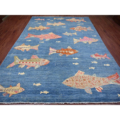 9'x11'9" Blue Afghan Peshawar with Fish Design Soft Wool Hand Knotted Rug