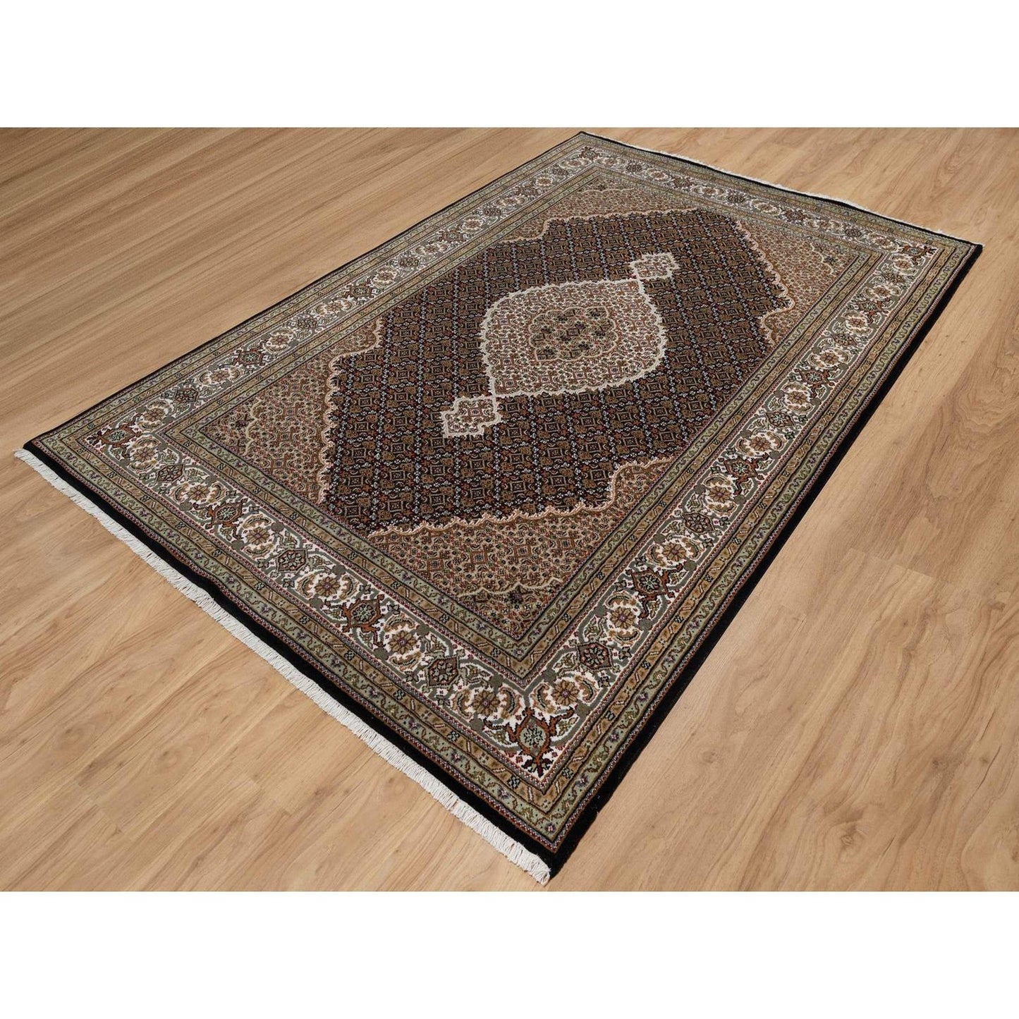 6'X9'1" Black Tebraz Mahi With Medallion Design Hand Knotted Wool Rug