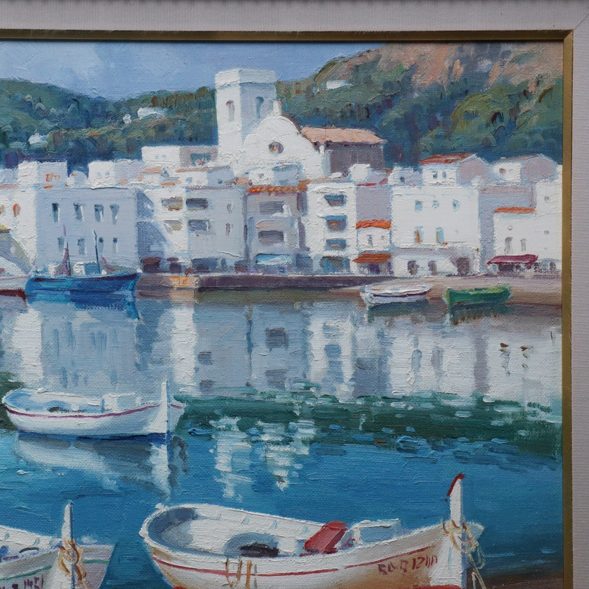 Agustin Pardo Original Oil Painting Sunday Silence Boats Harbor Spain F6 Framed