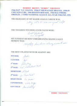 Bobby Thompson Autographed Hand Filled Out Survey Page