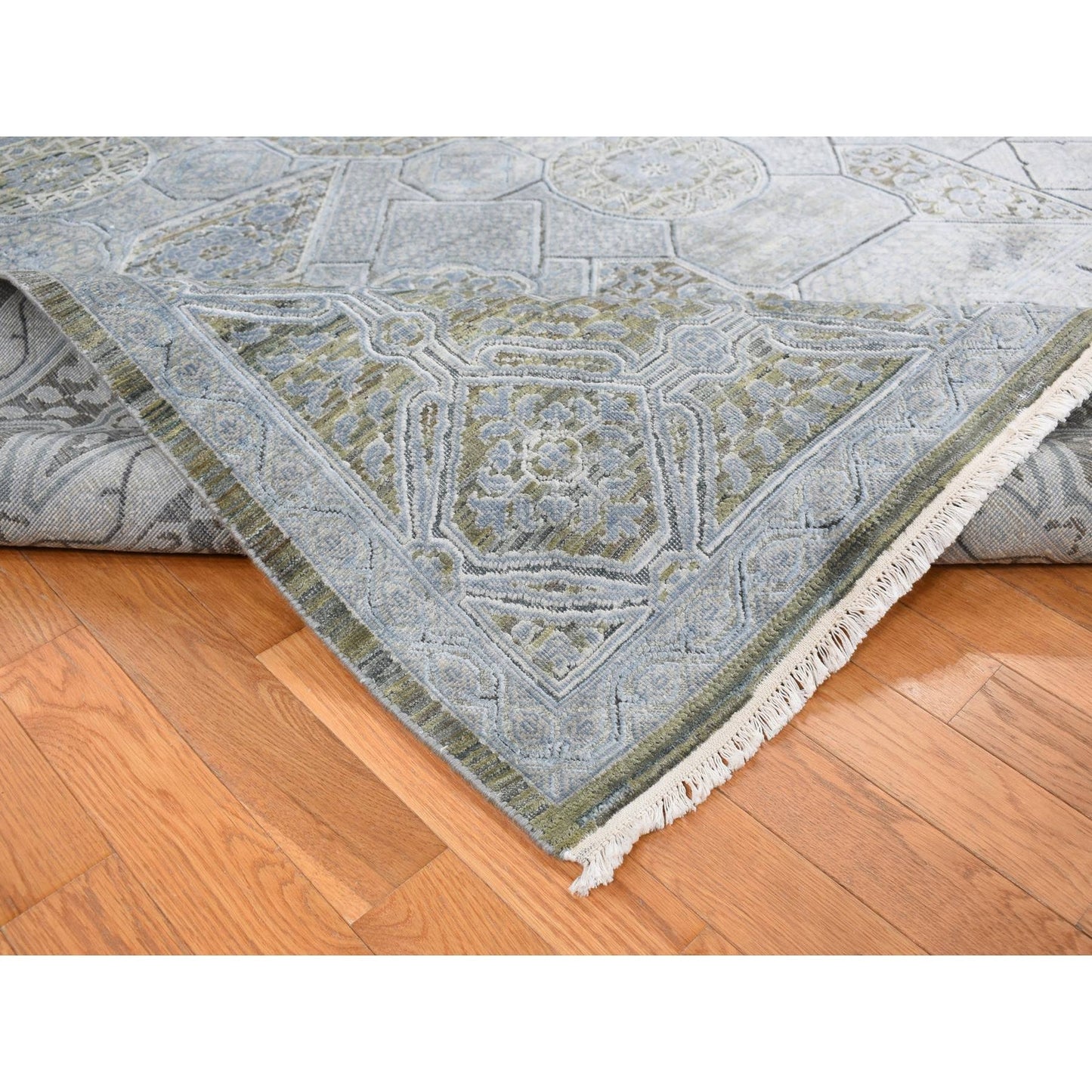 9'X11'7" Cadet Gray Silk With Wool Mamluk Design Hand Knotted Rug