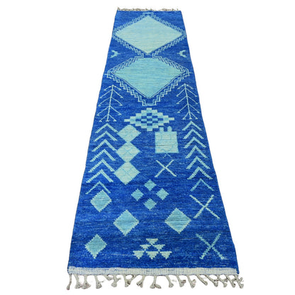 2'8"X10'5" Blue Geometric Moroccan Weave Wool Hand Knotted Runner Rug